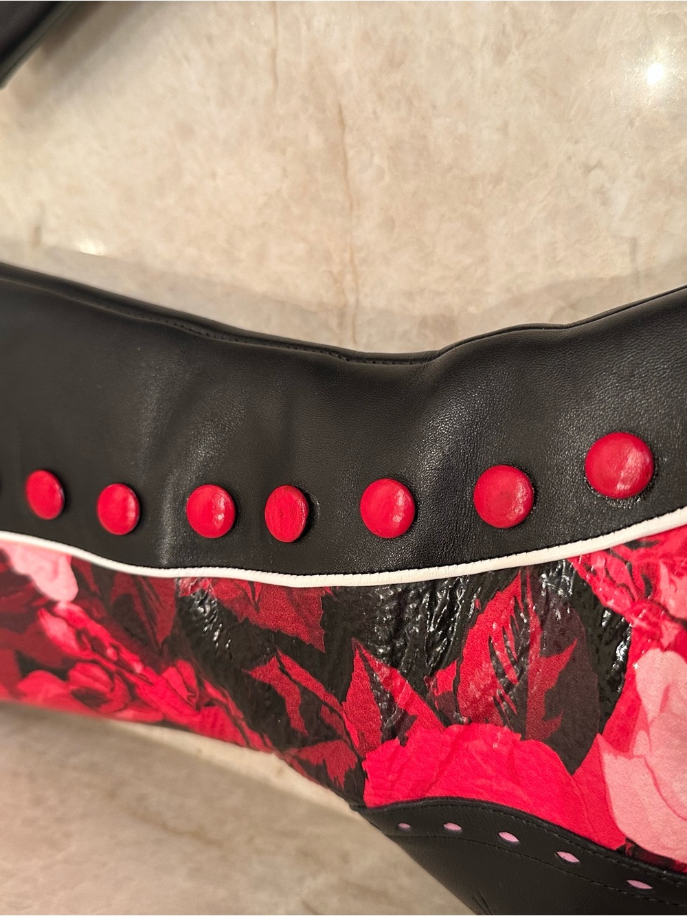 Fluevog Babycakes. Black and Red Floral — Women's Statement Boots - Picture 3 of 12
